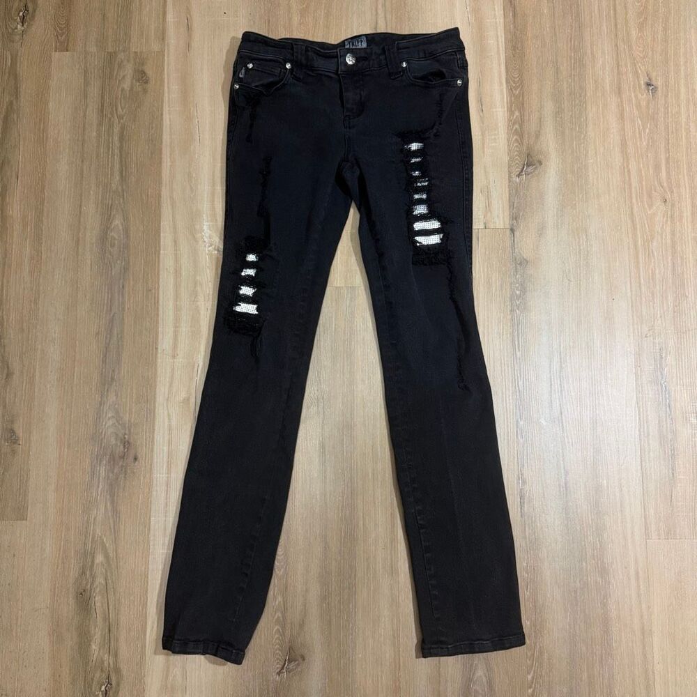 Tripp NYC Distressed Black Skinny Jeans Metallic Patch Mall Goth Cyber Scene Sz7